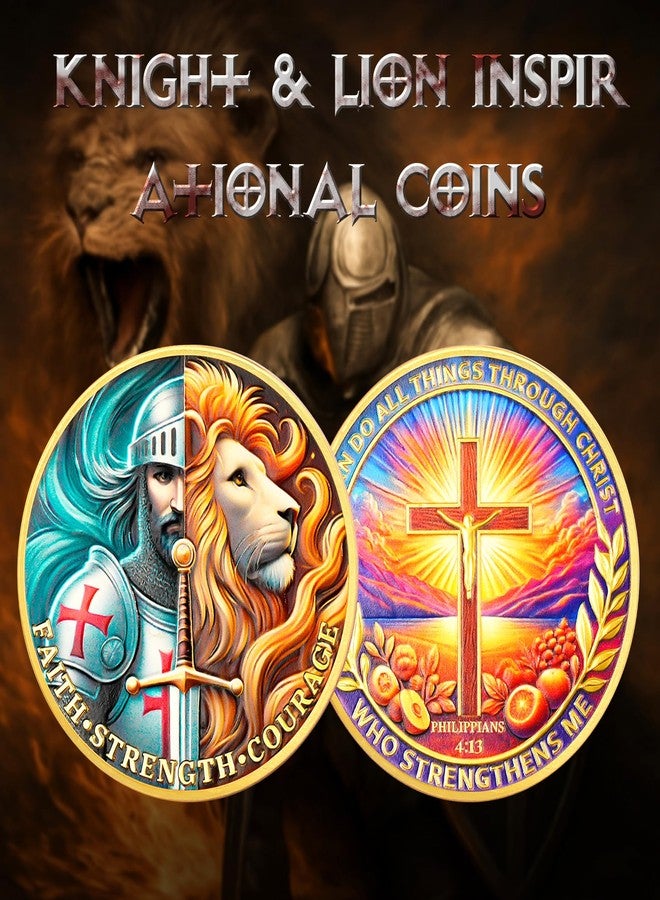 ASmileIndeep Christian Challenge Coin - Faith Strength Courage Coin - Knight Coins Philippians 4:13 Inspirational Lion and Knight Medallion - Religious Cross Toke Motivational Gifts - Image 2